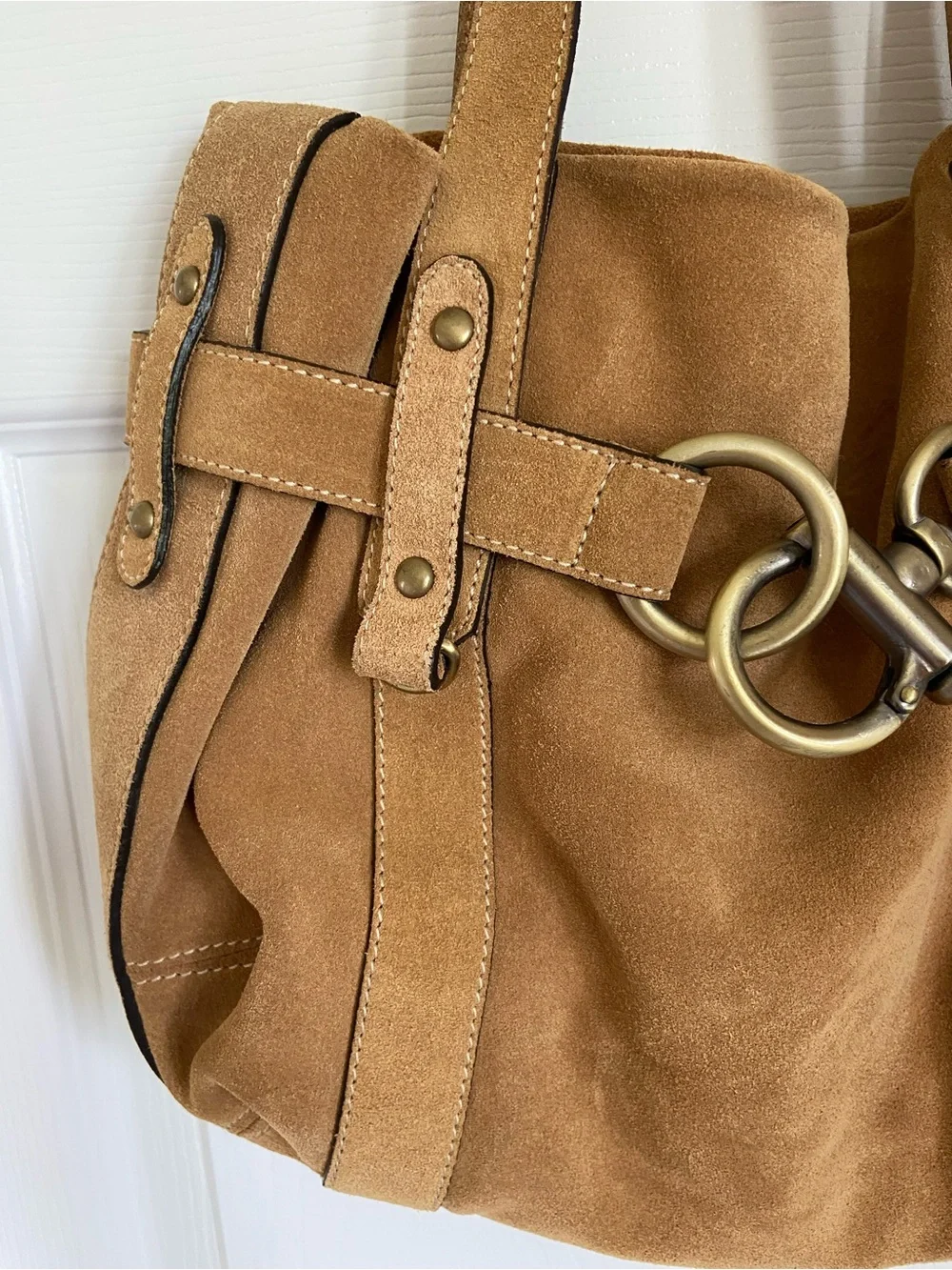 Arbo Suede Tan Shoulder Bag with Gold Hardware